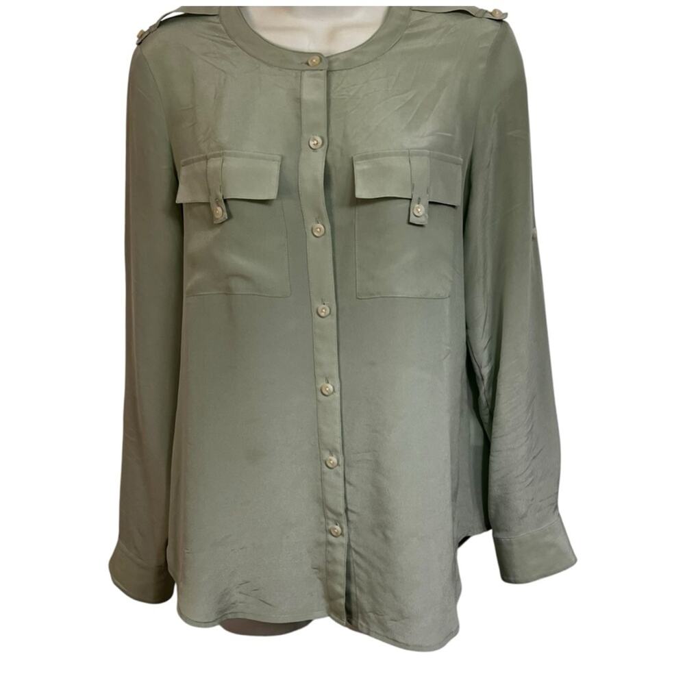 Banana Republic Silk Seafoam Green Button Front Long Sleeve Top, Band Collar, S